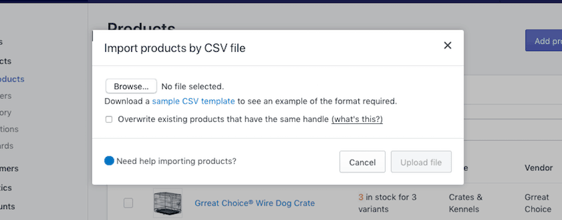 Import file CSV.