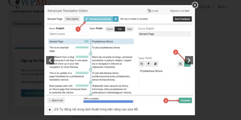 automatically translating content in the advanced translation editor