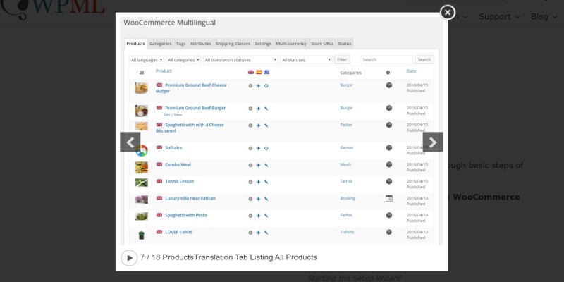 products translation tab listing all products