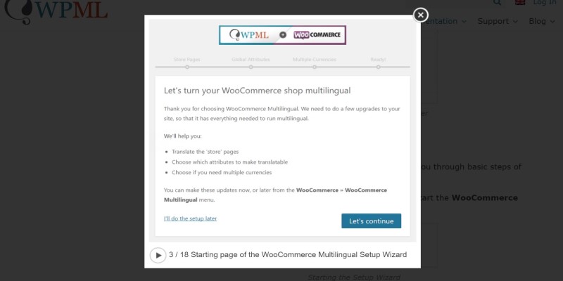 starting page of the woocommerce multilingual setup wizard