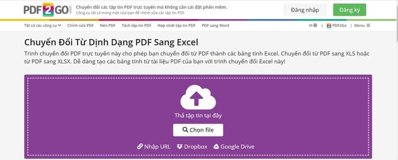 PDF2Go - trang web chuyển PDF sang Excel miễn phí